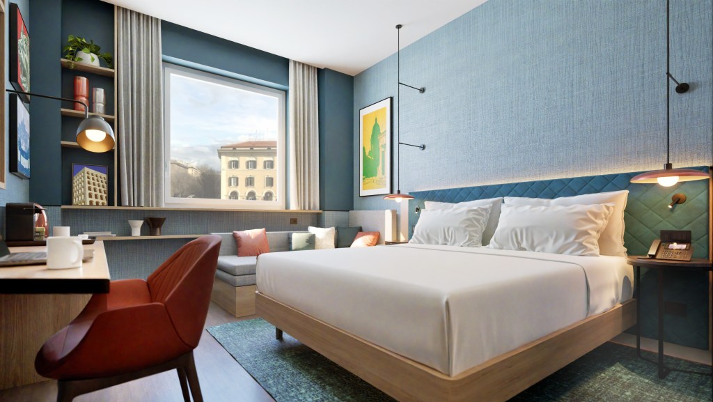 Hilton Garden Inn Rome Colosseum, Guest Room, statement headboard, white bedding, wooden bed frame, accent chair, white coffee mug, framed artwork, spot light lamp, floating shelves, corner couch, pendant bedside lighting,