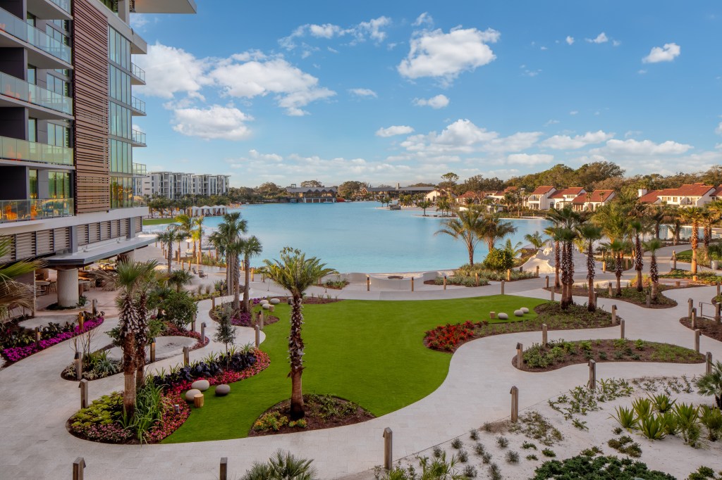 Conrad Orlando, Spartina Court, palm trees, pathway, gardens, waterside walkway